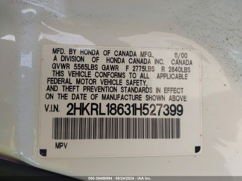 2001 Honda Odyssey Ex VIN: 2HKRL18631H527399 Lot: 39496994