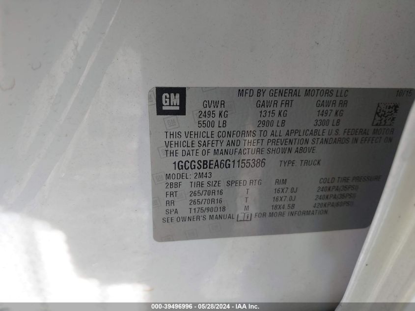 2016 Chevrolet Colorado Wt VIN: 1GCGSBEA6G1155386 Lot: 39496996