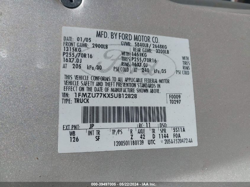 2005 Ford Explorer Sport Trac Adrenalin/Xls/Xlt VIN: 1FMZU77KX5UB12828 Lot: 39497005