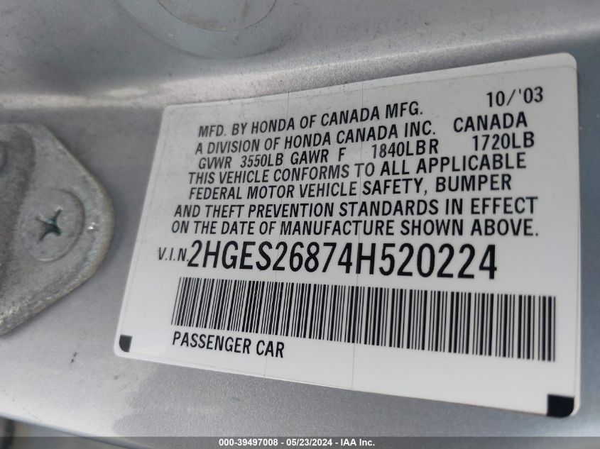 2004 Honda Civic Ex VIN: 2HGES26874H520224 Lot: 39497008