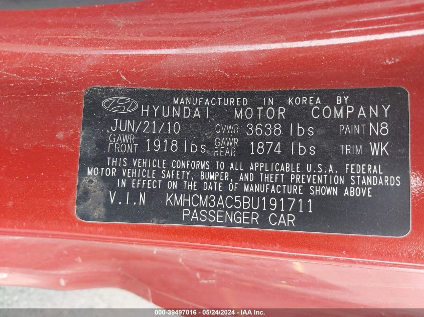 2011 Hyundai Accent Gs VIN: KMHCM3AC5BU191711 Lot: 39497016