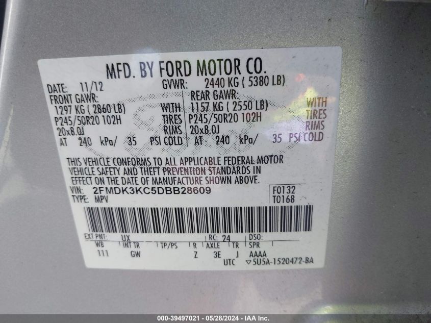 2013 Ford Edge Limited VIN: 2FMDK3KC5DBB28609 Lot: 39497021