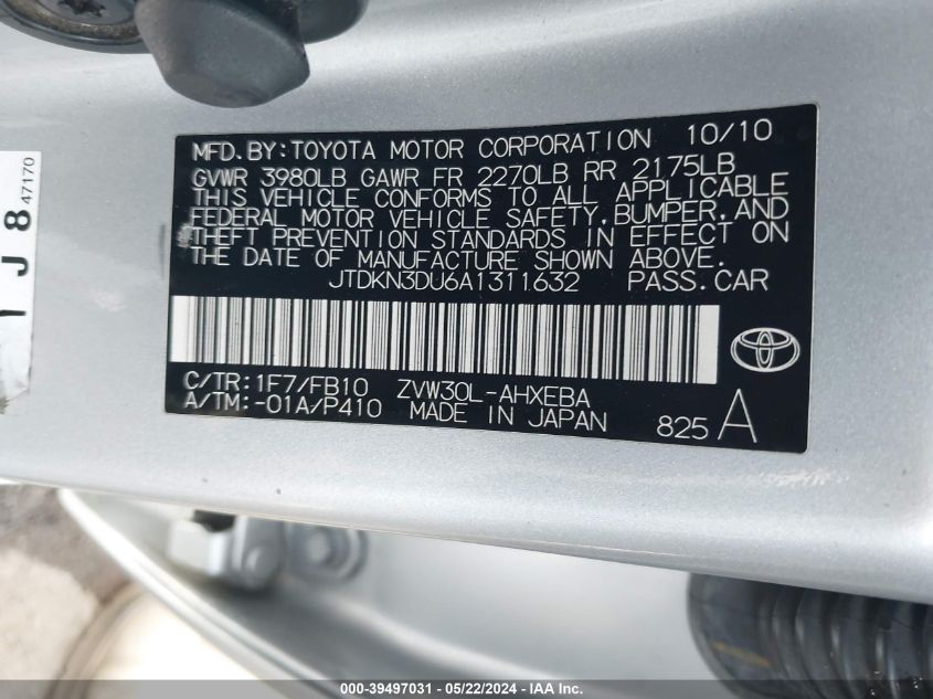 2010 Toyota Prius Ii VIN: JTDKN3DU6A1311632 Lot: 39497031