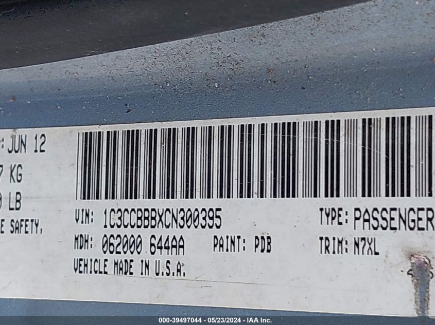 2012 Chrysler 200 Touring VIN: 1C3CCBBBXCN300395 Lot: 39497044