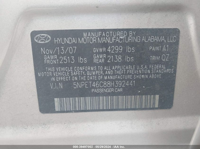 5NPET46C88H392441 2008 Hyundai Sonata Gls