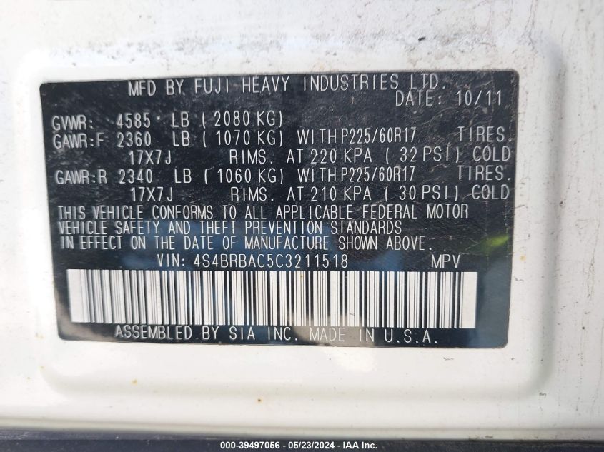 2012 Subaru Outback 2.5I VIN: 4S4BRBAC5C3211518 Lot: 39497056