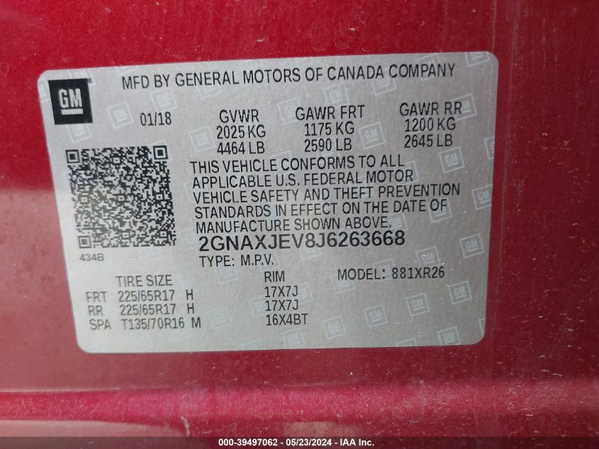 2018 Chevrolet Equinox Lt VIN: 2GNAXJEV8J6263668 Lot: 39497062