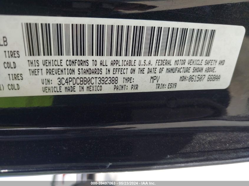 2012 Dodge Journey Sxt VIN: 3C4PDCBB0CT392388 Lot: 39497063