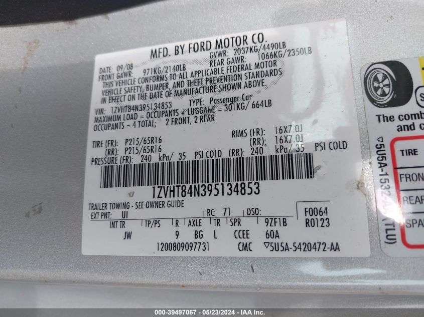2009 Ford Mustang V6/V6 Premium VIN: 1ZVHT84N395134853 Lot: 39497067