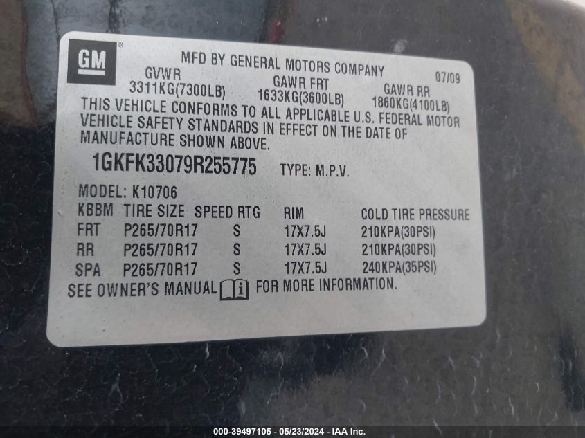 2009 GMC Yukon Slt2 VIN: 1GKFK33079R255775 Lot: 39497105
