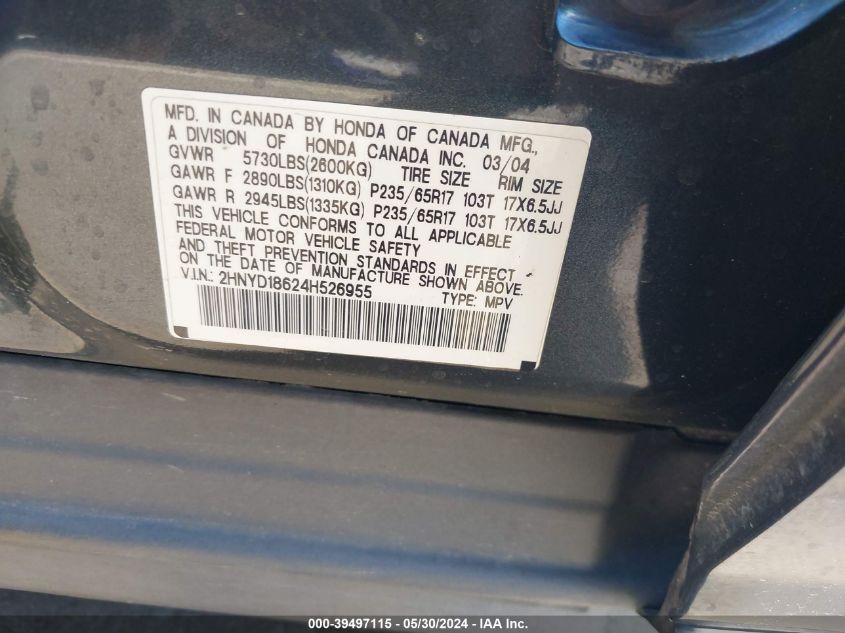 2004 Acura Mdx VIN: 2HNYD18624H526955 Lot: 39497115