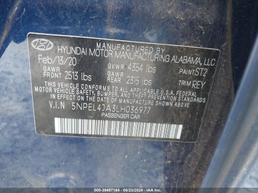 2020 Hyundai Sonata Sel VIN: 5NPEL4JA3LH036977 Lot: 39497164