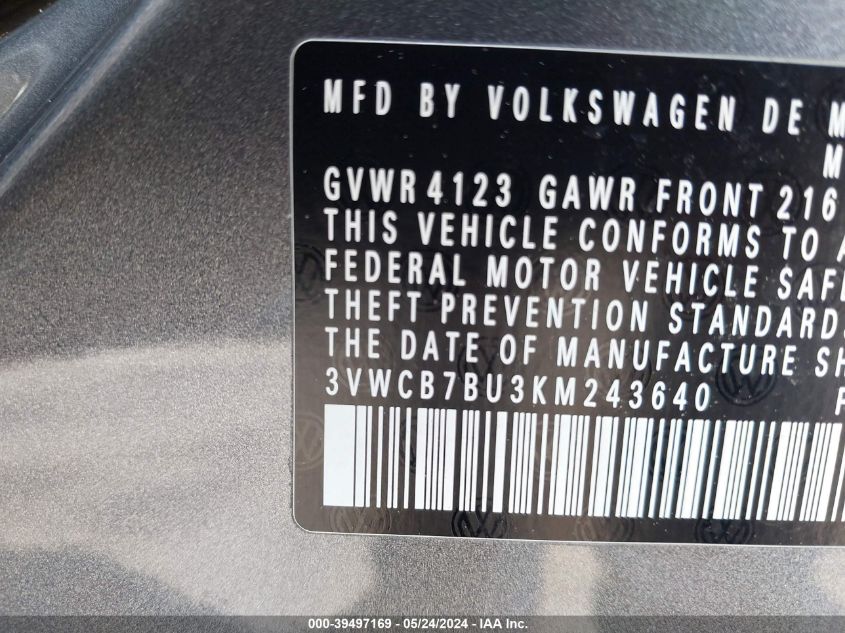 2019 Volkswagen Jetta 1.4T R-Line/1.4T S/1.4T Se VIN: 3VWCB7BU3KM243640 Lot: 39497169