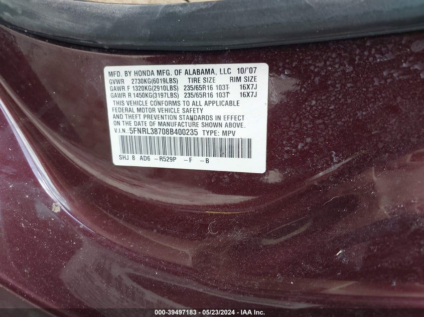 2008 Honda Odyssey Ex-L VIN: 5FNRL38708B400235 Lot: 39497183