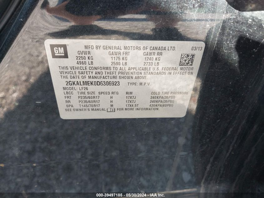 2013 GMC Terrain Sle-1 VIN: 2GKALMEK0D6306923 Lot: 39497185