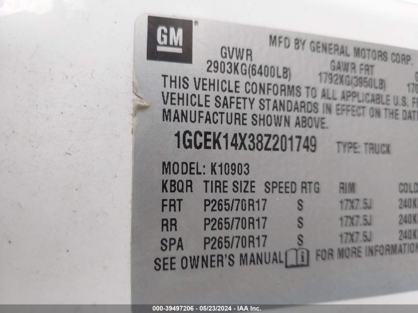 2008 Chevrolet Silverado 1500 Work Truck VIN: 1GCEK14X38Z201749 Lot: 39497206