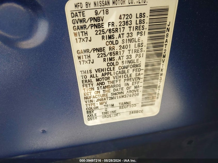 2019 Nissan Rogue S VIN: JN8AT2MV1KW376708 Lot: 39497216