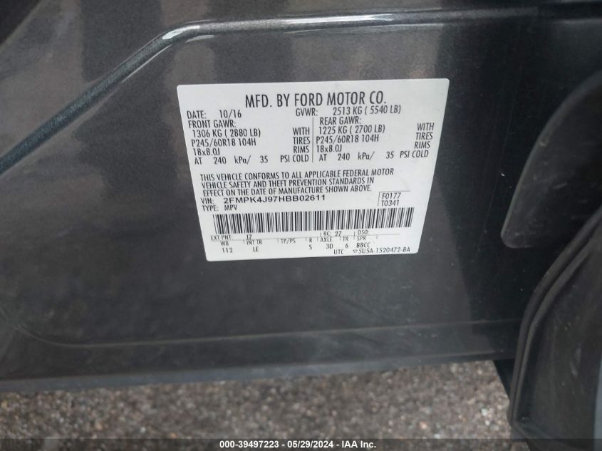 2017 Ford Edge Sel VIN: 2FMPK4J97HBB02611 Lot: 39497223