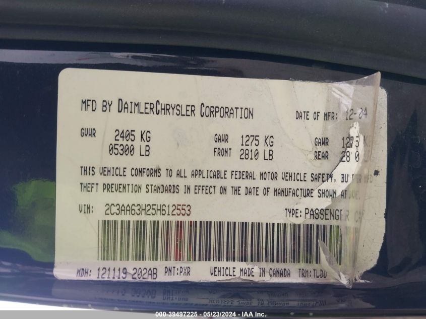 2005 Chrysler 300C VIN: 2C3AA63H25H612553 Lot: 39497225