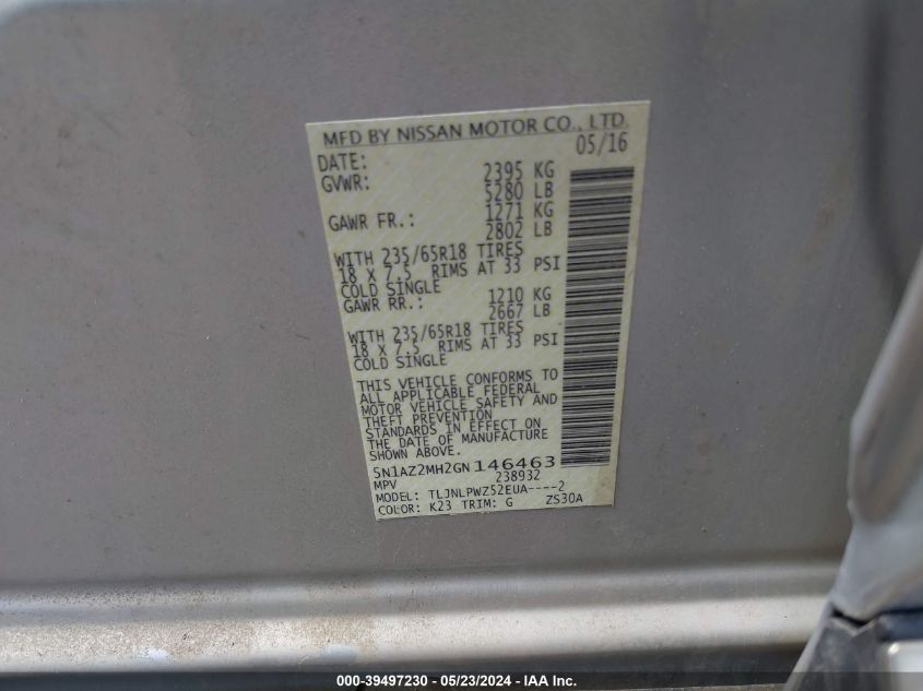 2016 Nissan Murano S VIN: 5N1AZ2MH2GN146463 Lot: 39497230
