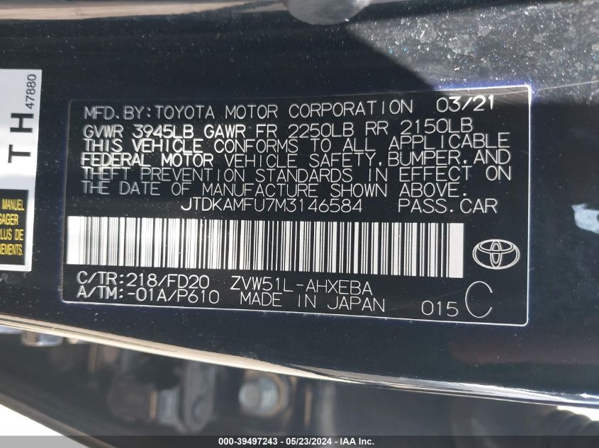 2021 Toyota Prius Le VIN: JTDKAMFU7M3146584 Lot: 39497243
