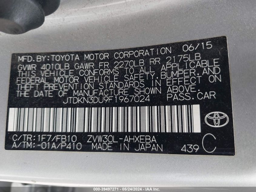 2015 Toyota Prius Three VIN: JTDKN3DU9F1967024 Lot: 39497271