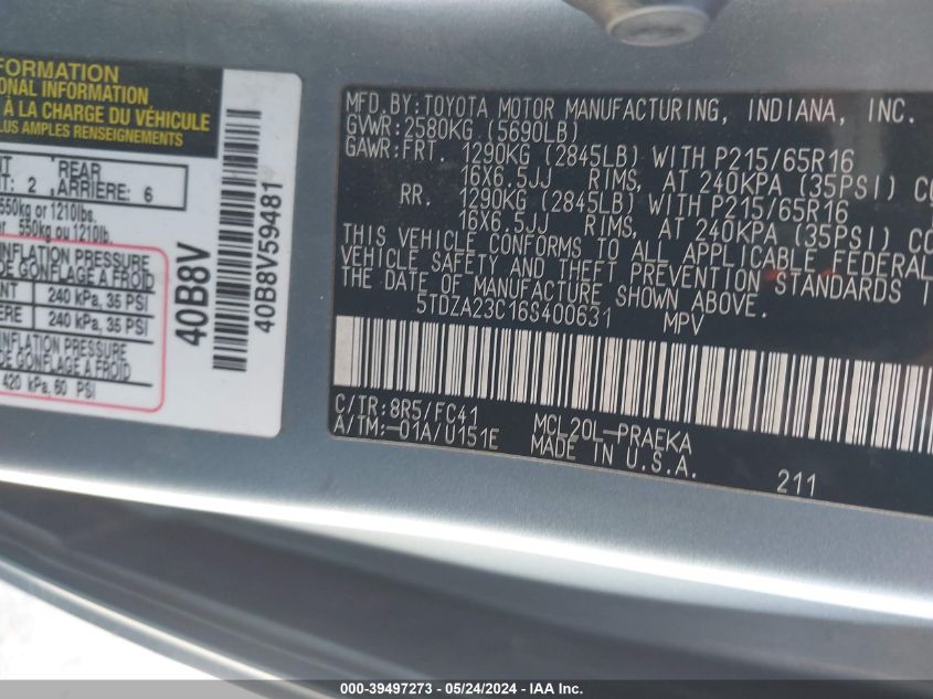 2006 Toyota Sienna Le VIN: 5TDZA23C16S400631 Lot: 39497273