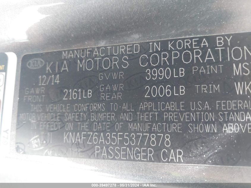 2015 Kia Forte Koup Sx VIN: KNAFZ6A35F5377878 Lot: 39497278