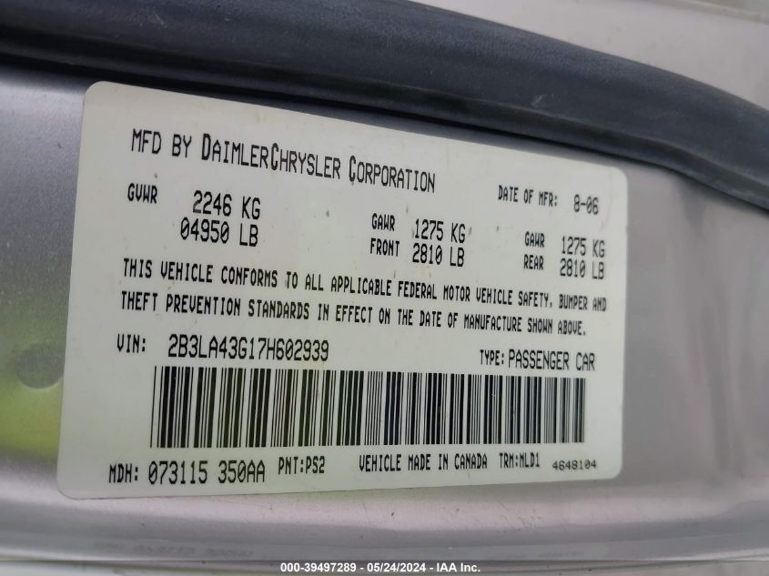 2007 Dodge Charger VIN: 2B3LA43G17H602939 Lot: 39497289