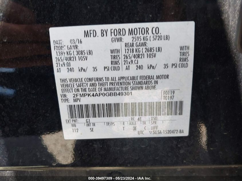 2016 Ford Edge Sport VIN: 2FMPK4AP0GBB49301 Lot: 39497309