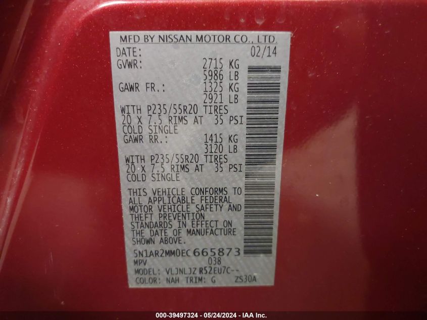 2014 Nissan Pathfinder Platinum VIN: 5N1AR2MM0EC665873 Lot: 39497324