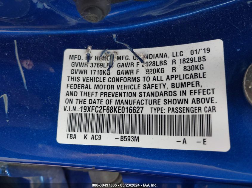 2019 Honda Civic Lx VIN: 19XFC2F68KE016627 Lot: 39497335