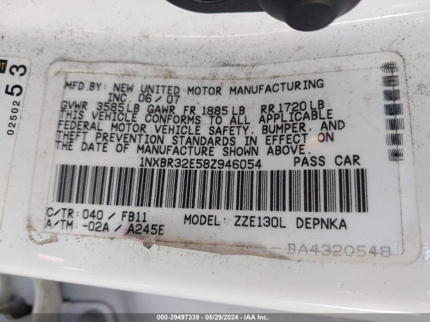 2008 Toyota Corolla Le VIN: 1NXBR32E58Z946054 Lot: 39497339