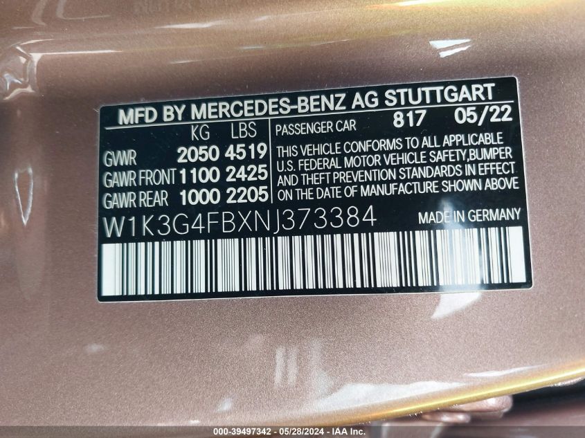 2022 Mercedes-Benz A 220 4Matic VIN: W1K3G4FBXNJ373384 Lot: 39497342