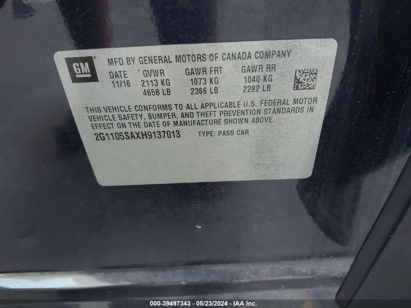 2017 Chevrolet Impala 1Lt VIN: 2G1105SAXH91370 Lot: 39497343