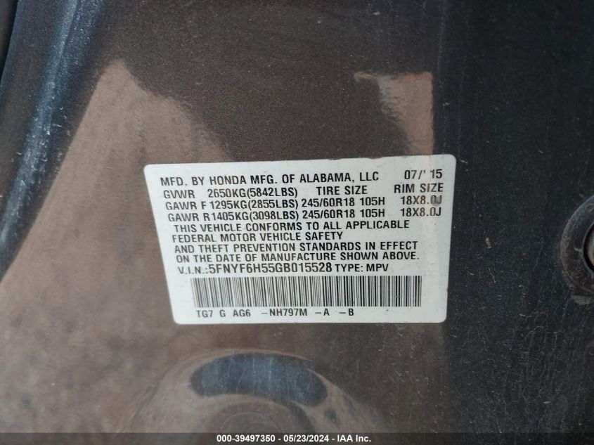 2016 Honda Pilot Ex-L VIN: 5FNYF6H55GB015528 Lot: 39497350