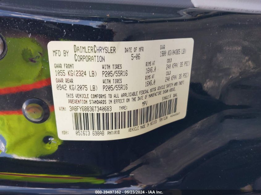 2006 Chrysler Pt Cruiser Limited VIN: 3A8FY68836T340683 Lot: 39497352