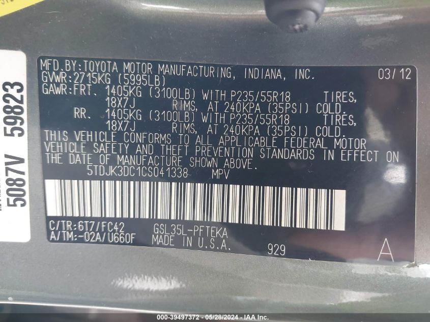 2012 Toyota Sienna Le 7 Passenger VIN: 5TDJK3DC1CS041338 Lot: 39497372