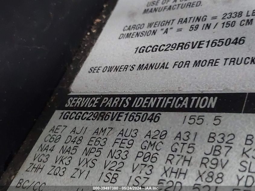 1997 Chevrolet C2500 Hd Fleetside VIN: 1GCGC29R6VE165046 Lot: 39497380