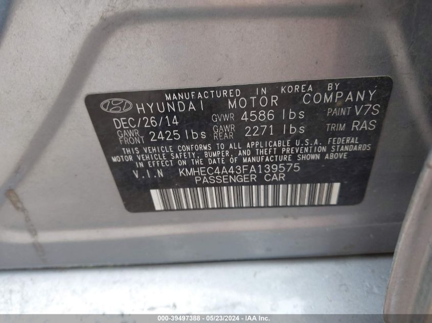 2015 Hyundai Sonata Hybrid VIN: KMHEC4A43FA139575 Lot: 39497388