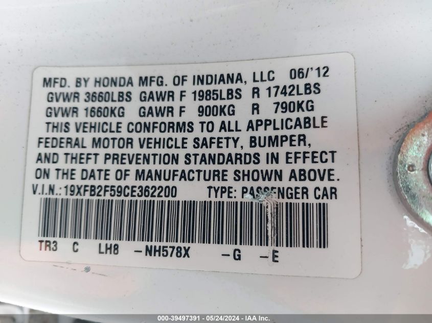 2012 Honda Civic Lx VIN: 19XFB2F59CE362200 Lot: 39497391