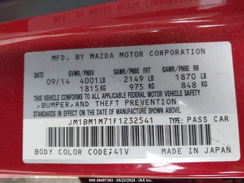 2015 Mazda Mazda3 I Grand Touring VIN: JM1BM1M71F1232541 Lot: 39497393