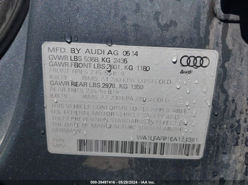 2014 Audi Q5 2.0T Premium VIN: WA1LFAFP1EA124361 Lot: 39497416