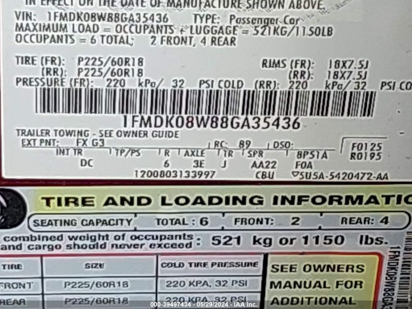 2008 Ford Taurus X Eddie Bauer VIN: 1FMDK08W88GA35436 Lot: 39497434