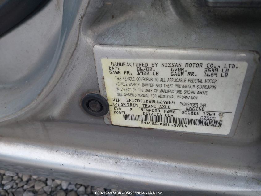 2002 Nissan Sentra Gxe VIN: 3N1CB51D52L687264 Lot: 39497438