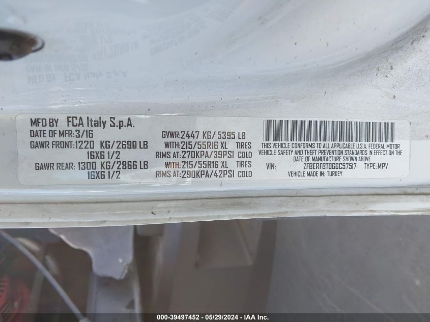 2016 Ram Promaster City Tradesman Slt VIN: ZFBERFBT0G6C57517 Lot: 39497452