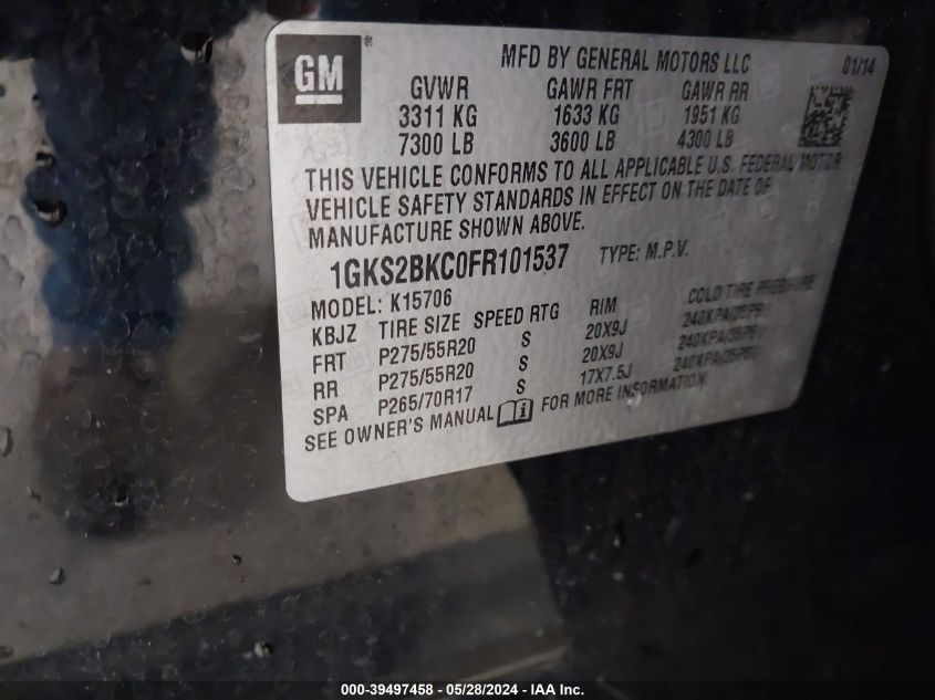 2015 GMC Yukon Slt VIN: 1GKS2BKC0FR101537 Lot: 39497458