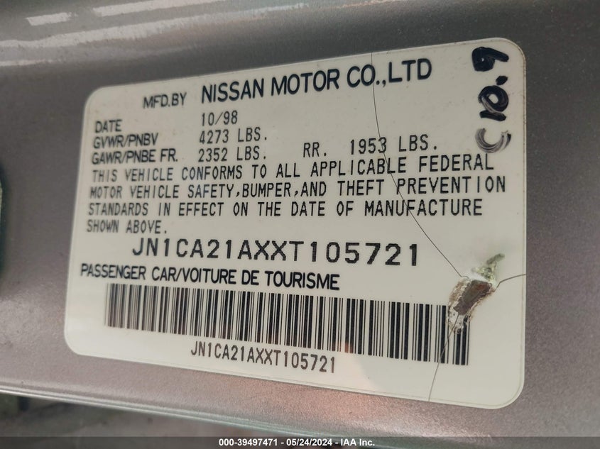 1999 Nissan Maxima Gle/Gxe/Se/Se-L VIN: JN1CA21AXXT105721 Lot: 39497471