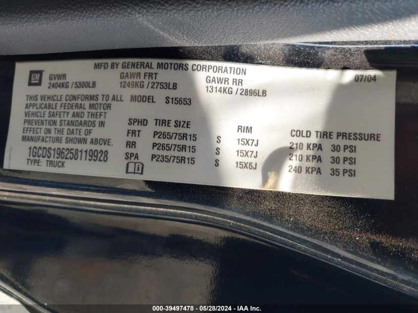 2005 Chevrolet Colorado Ls VIN: 1GCDS196258119928 Lot: 39497478