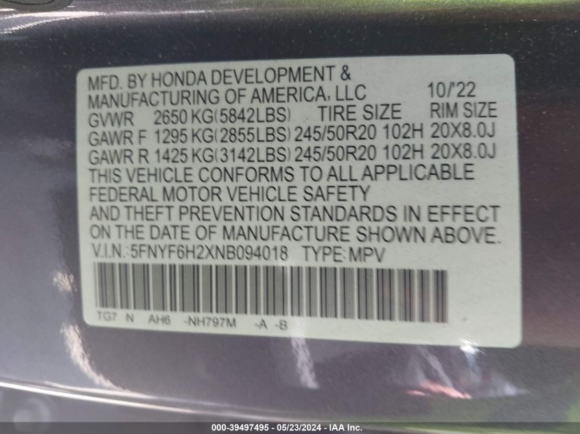 2022 Honda Pilot Awd Special Edition VIN: 5FNYF6H2XNB094018 Lot: 39497495